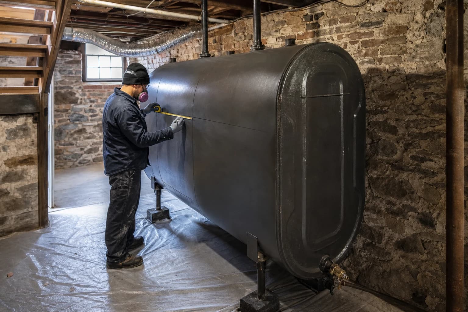 A technician measuring a cleaned steel heating-oil tank in a Baltimore basement