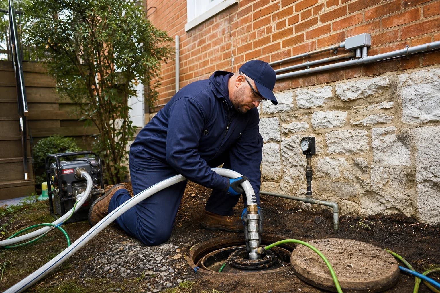 A technician preparing an inaccessible residential tank for approved filling in place