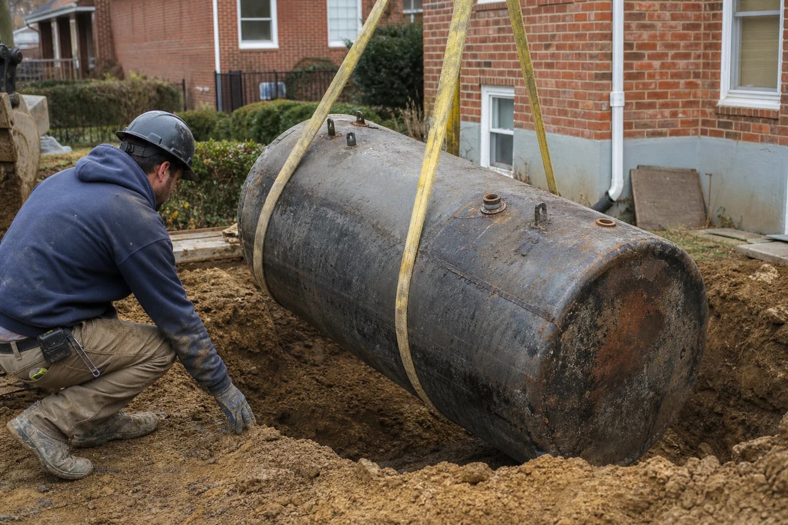A buried residential heating-oil tank lifted from an open excavation
